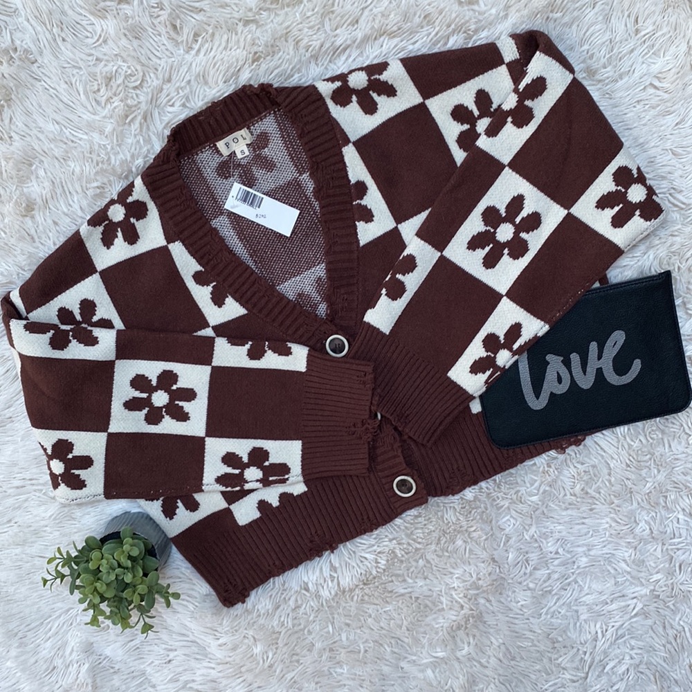 🎉3X HP🎉 POL Floral Checkered Cardigan 💗 Brown & Ivory